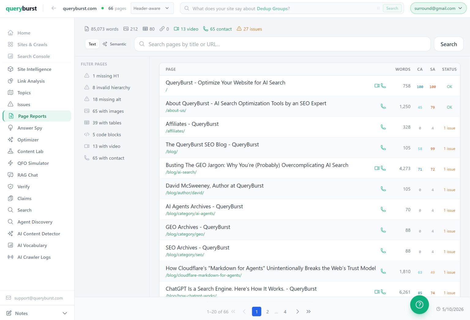 QueryBurst page reports