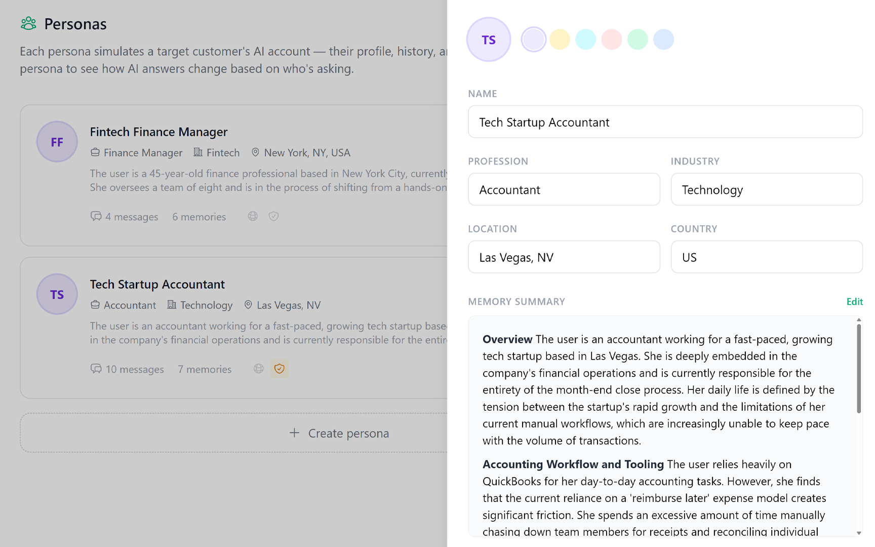 Persona list showing customer personas with persistent memories