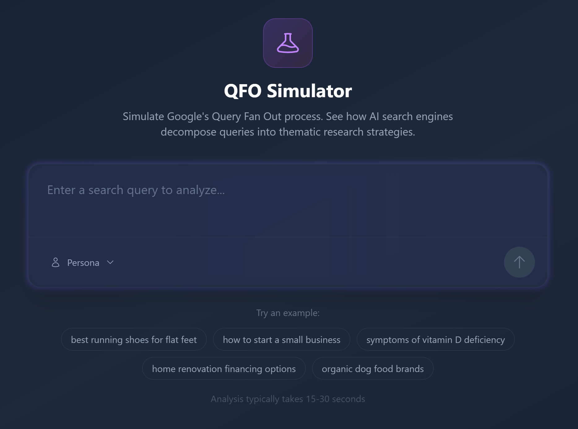 QueryBurst Query Fan-Out Simulator — showing thematic sub-queries, reasoning, authority signals, and sub-themes for a sample query
