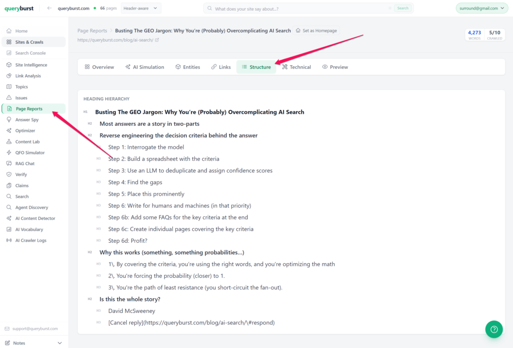 QueryBurst Page Structure report