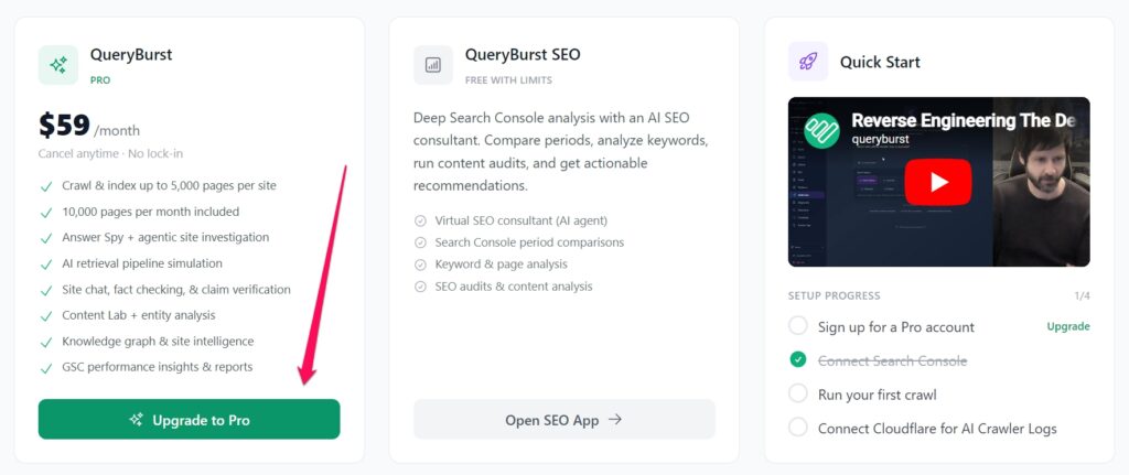 click the "Upgrade To Pro" button to upgrade your QueryBurst account.